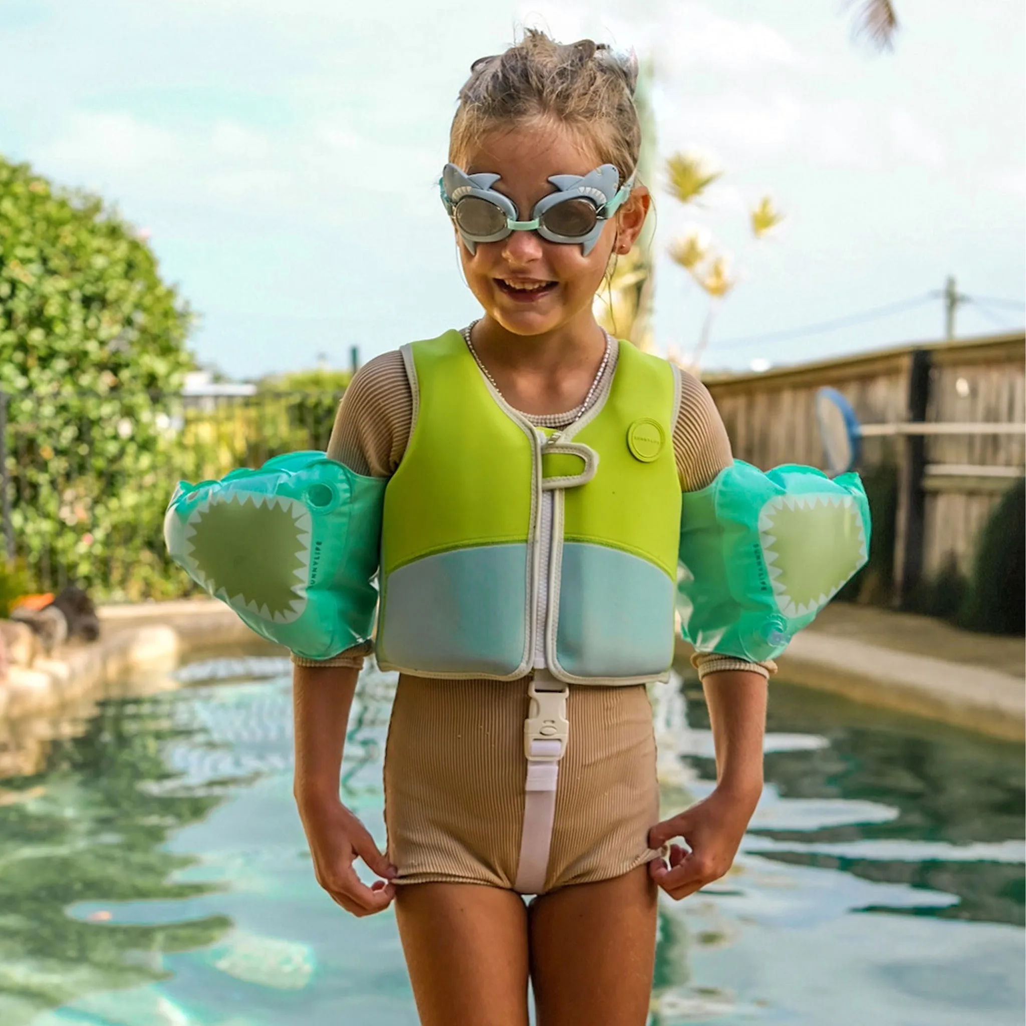 Kids Swim Vest 1-2 | Salty the Shark Aqua Neon Yellow Sunnylife